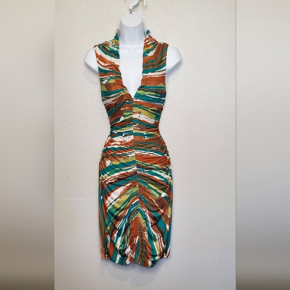 Kenneth Cole Green Print  Ruched Bodycon Sleeveless Cocktail Midi Dress Medium - Picture 1 of 9